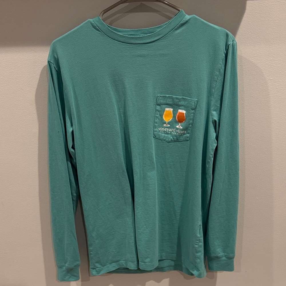 Vineyard Vines Teal Long-Sleeve Pocket Tee with Drink Embroidery